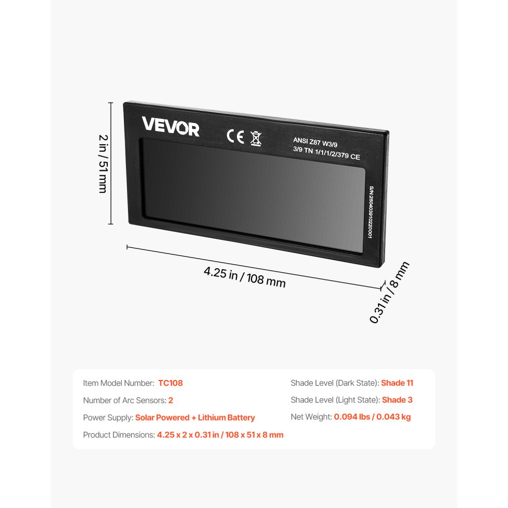 VEVOR Lente de Soldadura de Oscurecimiento Automático de 108 x 51 mm, Tono 11, Color Verdadero, con Sensores de Arco Dobles, Compatible con la Mayoría de Cascos de Soldadura para TIG, MIG, ARC