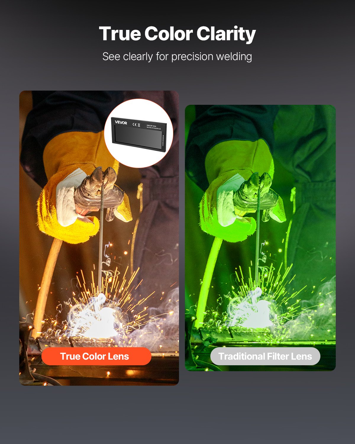 VEVOR Lente de Soldadura de Oscurecimiento Automático de 108 x 51 mm, Tono 11, Color Verdadero, con Sensores de Arco Dobles, Compatible con la Mayoría de Cascos de Soldadura para TIG, MIG, ARC