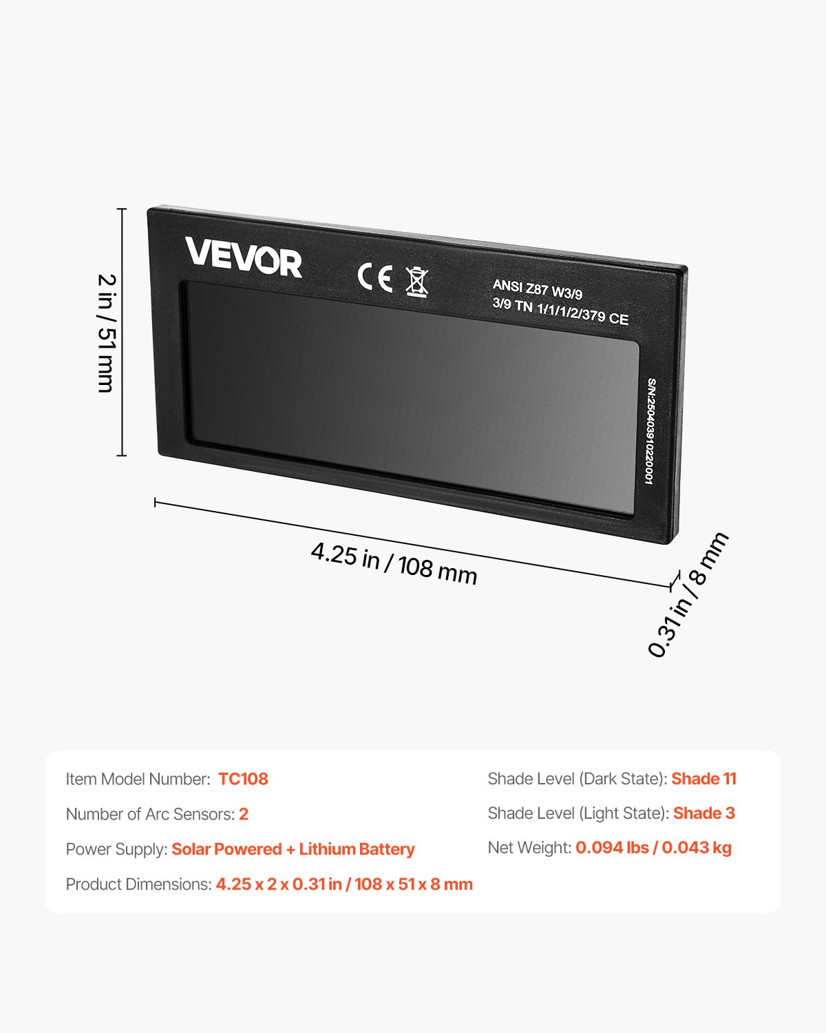 VEVOR Lente de Soldadura de Oscurecimiento Automático de 108 x 51 mm, Tono 11, Color Verdadero, con Sensores de Arco Dobles, Compatible con la Mayoría de Cascos de Soldadura para TIG, MIG, ARC