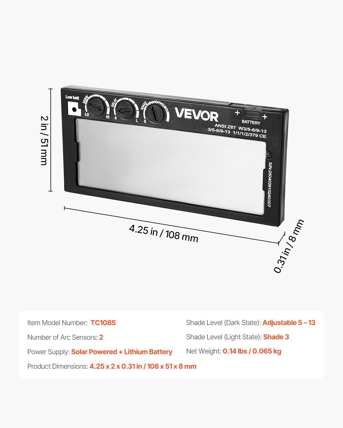 VEVOR Lente de Soldadura de Oscurecimiento Automático de 108 x 51 mm, Tono 5-13 Ajustable, Color Verdadero, con Sensores de Arco Dobles, para la Mayoría de Cascos de Soldadura para TIG, MIG, ARC