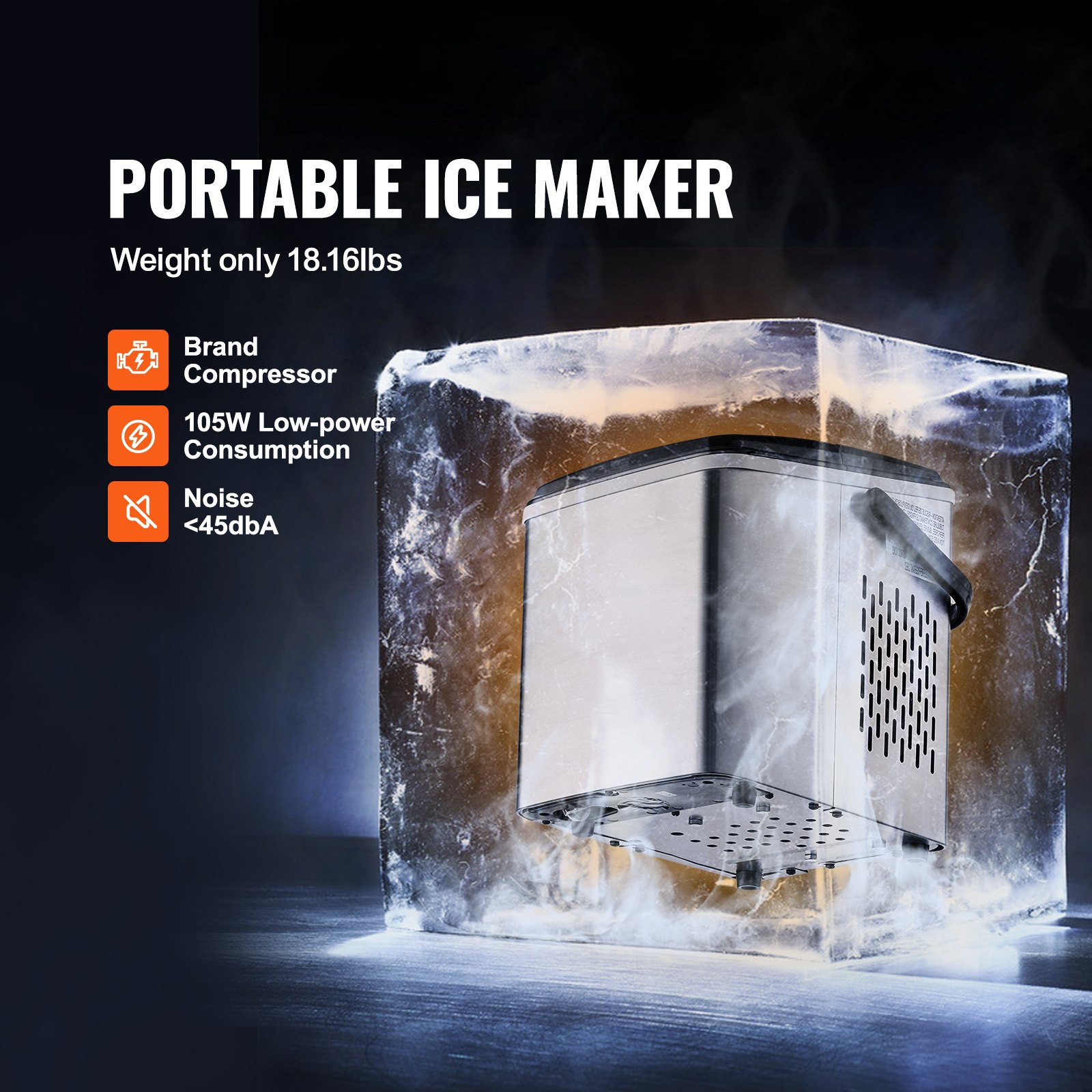 VEVOR Maquina De Hielo Fabricador de Hielo Portátil 12 kg/24 horas 9 Cubitos de Hielo en 7 Minutos Fabricador de Hielo de Calidad Alimentaria