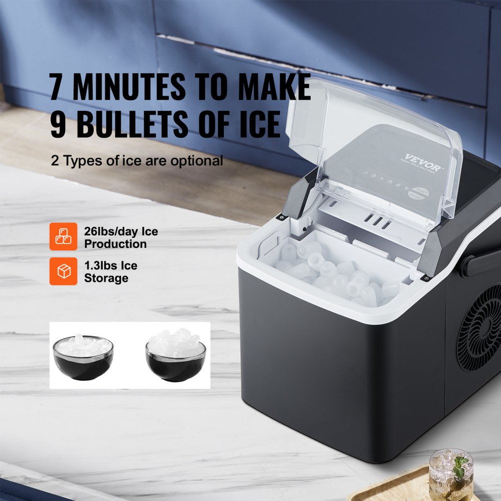 VEVOR Maquina De Hielo Fabricador de Hielo Portátil para Encimera 12kg/24h 9 Cubitos de Hielo en 7 Minutos Fabricador de Hielo de Calidad Alimentaria