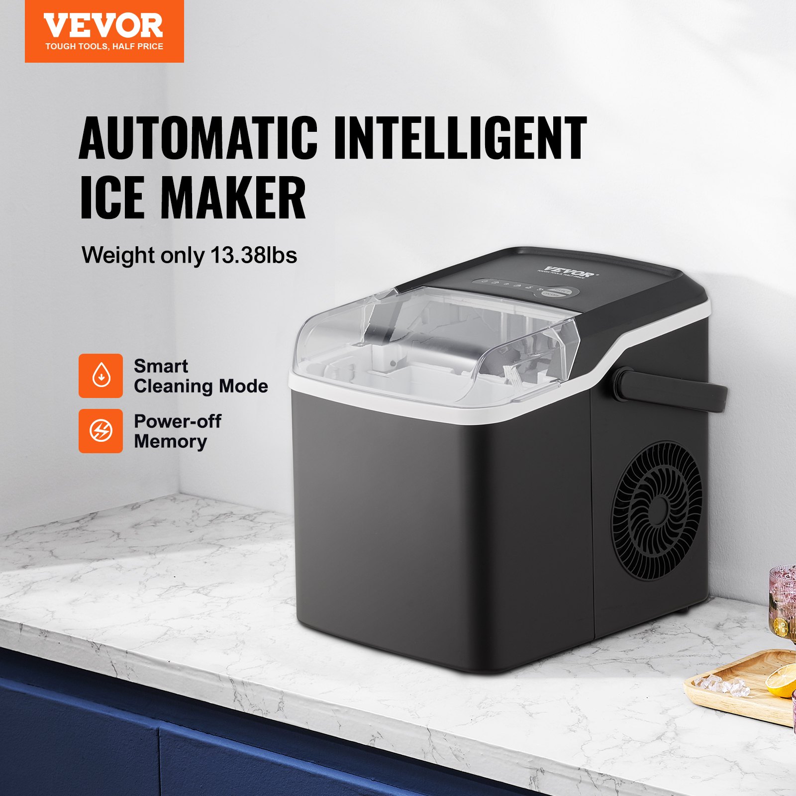 VEVOR Maquina De Hielo Fabricador de Hielo Portátil para Encimera 12kg/24h 9 Cubitos de Hielo en 7 Minutos Fabricador de Hielo de Calidad Alimentaria