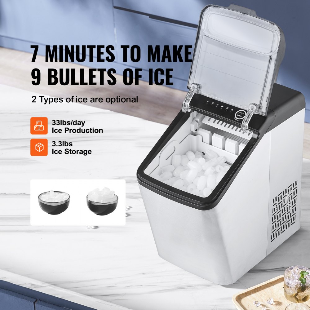 VEVOR Maquina De Hielo Fabricador de Hielo Portátil para Encimera 15kg/24h 9 Cubitos de Hielo en 7 Minutos Fabricador de Hielo de Calidad Alimentaria