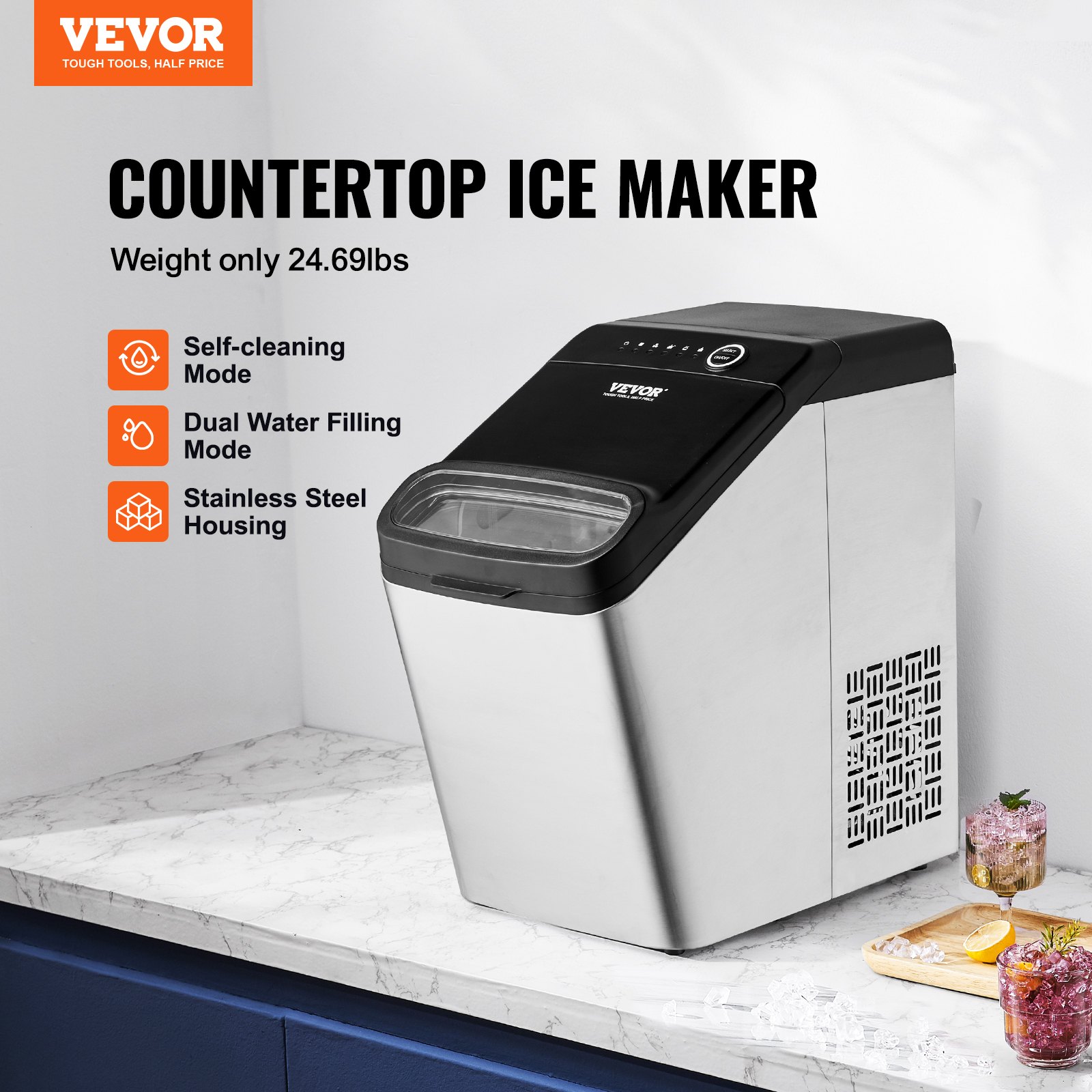 VEVOR Maquina De Hielo Fabricador de Hielo Portátil para Encimera 15kg/24h 9 Cubitos de Hielo en 7 Minutos Fabricador de Hielo de Calidad Alimentaria