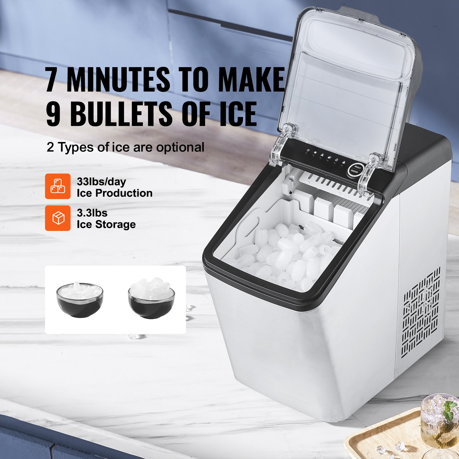 VEVOR Maquina De Hielo Fabricador de Hielo Portátil para Encimera 15kg/24h 9 Cubitos de Hielo en 7 Minutos Fabricador de Hielo de Calidad Alimentaria