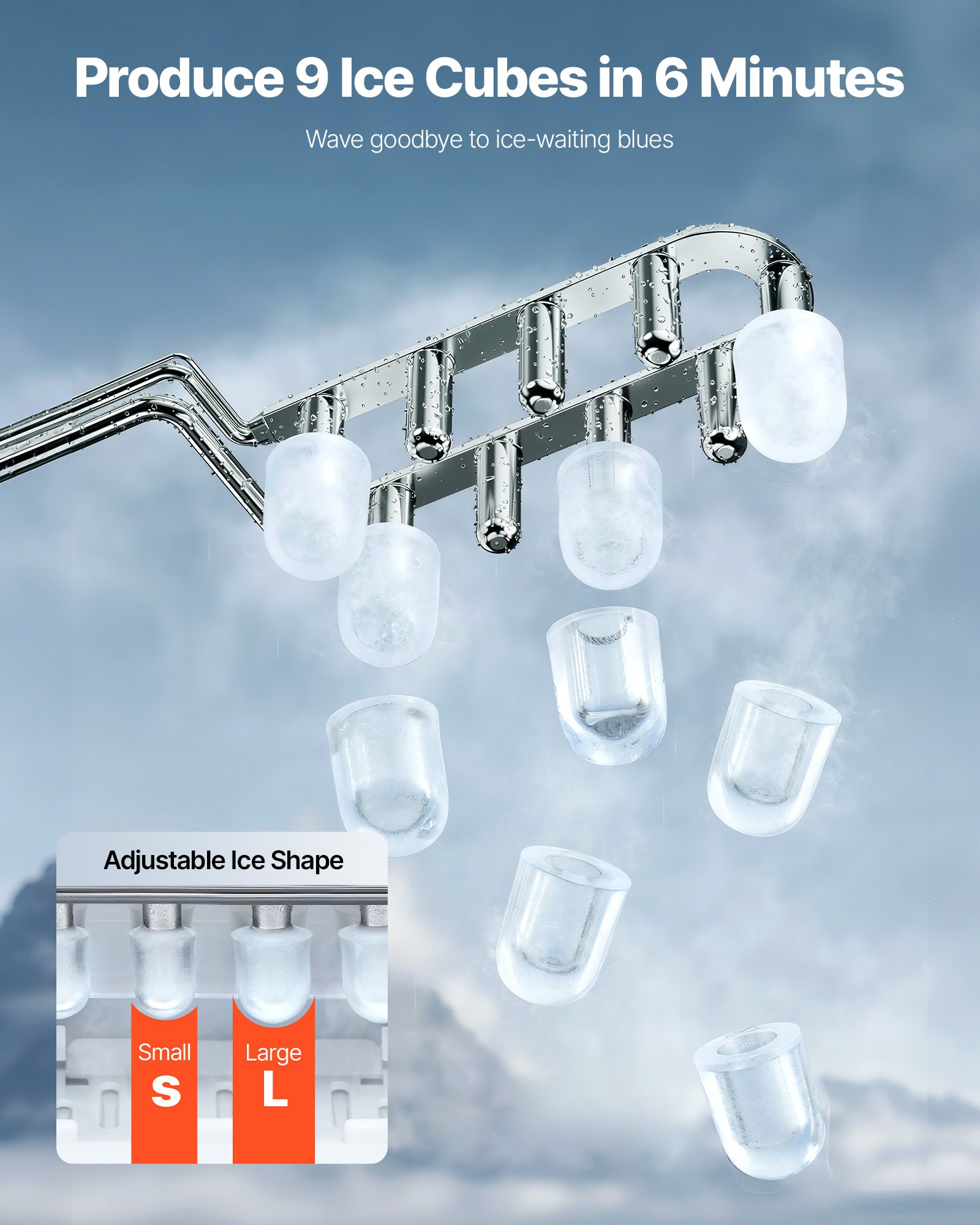 VEVOR Máquina para Hacer Hielo de Encimera, 9 Cubitos Listos en 6 Minutos, con Pala y Canasta para Hielo, con 2 Tamaños de Balas de Hielo para el Hogar, la Cocina, la Oficina, 222 x 294 x 290 mm