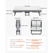 VEVOR Cama Plegable Individual de 790 x 1900 x 396 mm con Colchón Blanco 10 cm