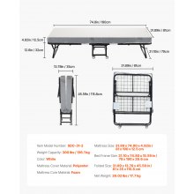 VEVOR Cama Plegable de 790 x 1900 x 396 mm con Colchón de 125mm Carga de 136,1kg