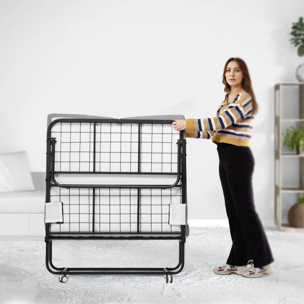 VEVOR Cama Plegable de 965 x 1900 x 396 mm con Colchón de 100 mm, Cama Plegable Individual con Estructura de Metal y Colchón de Espuma Viscoelástica, Cama Plegable de Carga de 204,1 kg, Blanco