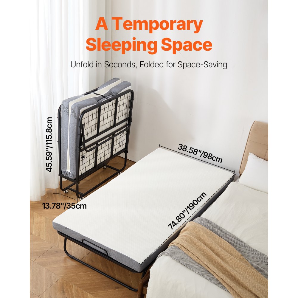 VEVOR Cama Plegable de 965 x 1900 x 396 mm con Colchón de 100 mm, Cama Plegable Individual con Estructura de Metal y Colchón de Espuma Viscoelástica, Cama Plegable de Carga de 204,1 kg, Blanco