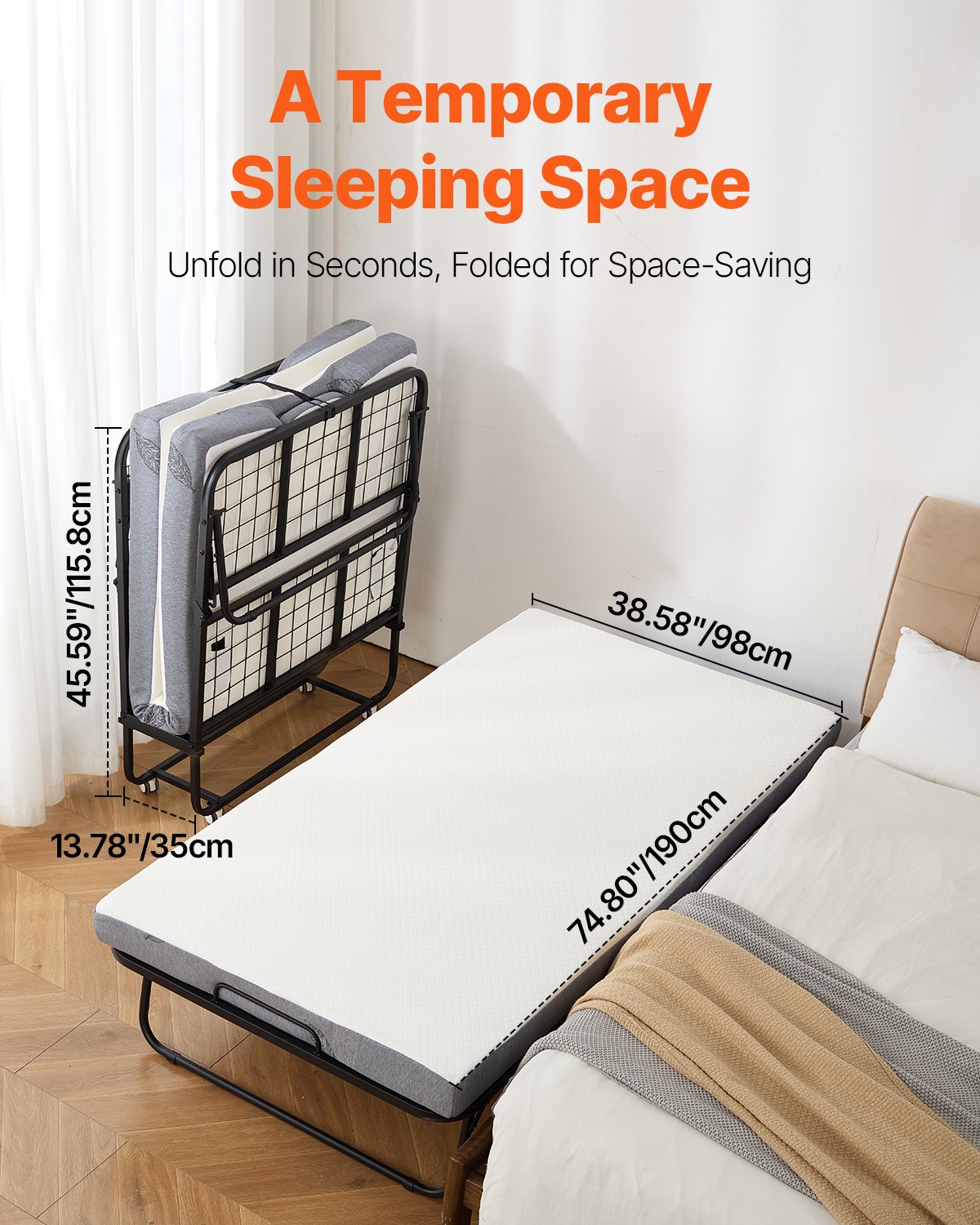 VEVOR Cama Plegable de 965 x 1900 x 396 mm con Colchón de 100 mm, Cama Plegable Individual con Estructura de Metal y Colchón de Espuma Viscoelástica, Cama Plegable de Carga de 204,1 kg, Blanco