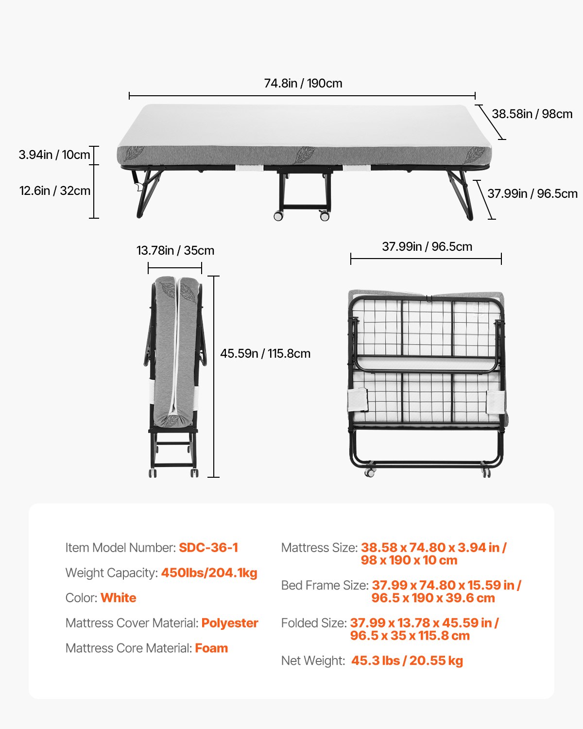 VEVOR Cama Plegable de 965 x 1900 x 396 mm con Colchón de 100 mm, Cama Plegable Individual con Estructura de Metal y Colchón de Espuma Viscoelástica, Cama Plegable de Carga de 204,1 kg, Blanco