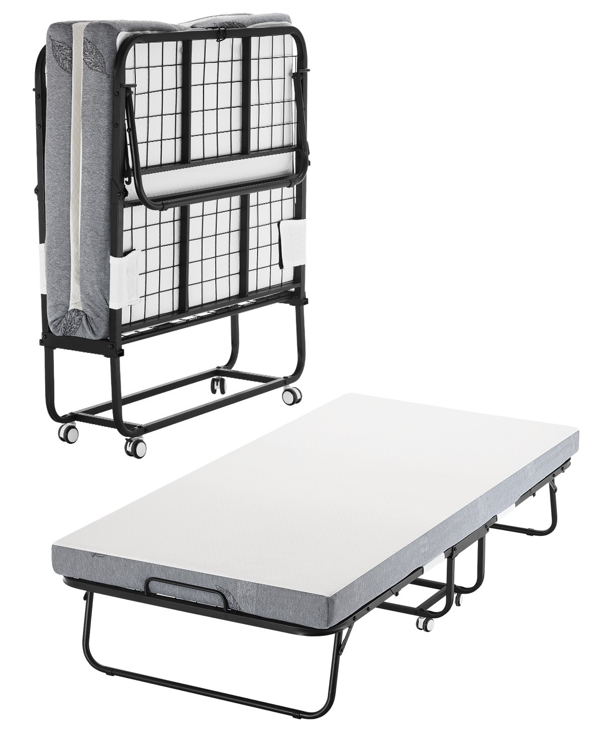 VEVOR Cama Plegable de 965 x 1900 x 396 mm con Colchón de 100 mm, Cama Plegable Individual con Estructura de Metal y Colchón de Espuma Viscoelástica, Cama Plegable de Carga de 204,1 kg, Blanco