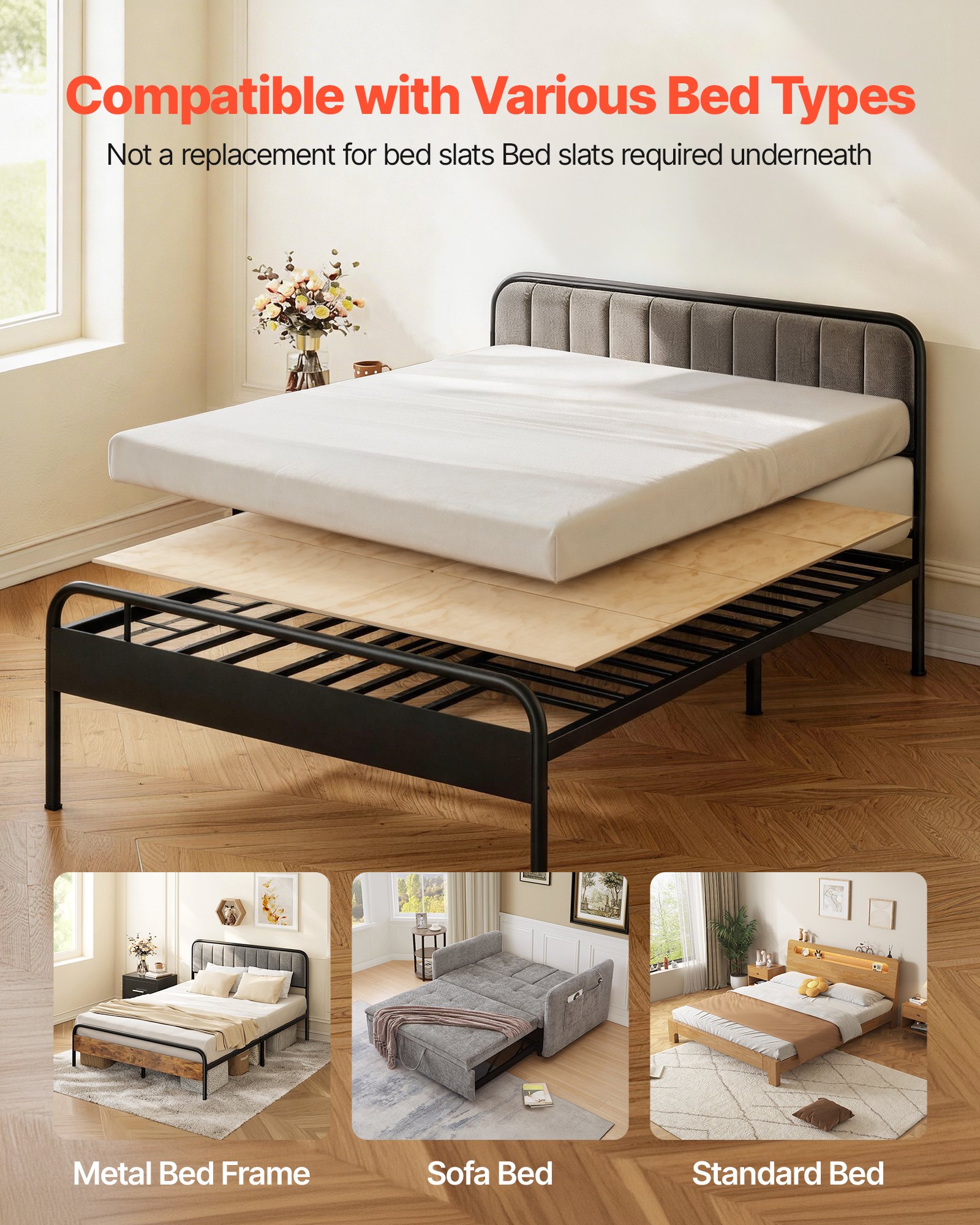 VEVOR Tabla de Cama Plegable, Tamaño de 195 x 178 cm, Soporte para Colchón, con Cintas de Nailon, Material de Madera Contrachapada, Protección de Bordes Redondeados, Somier Plegable para Camas Sofás
