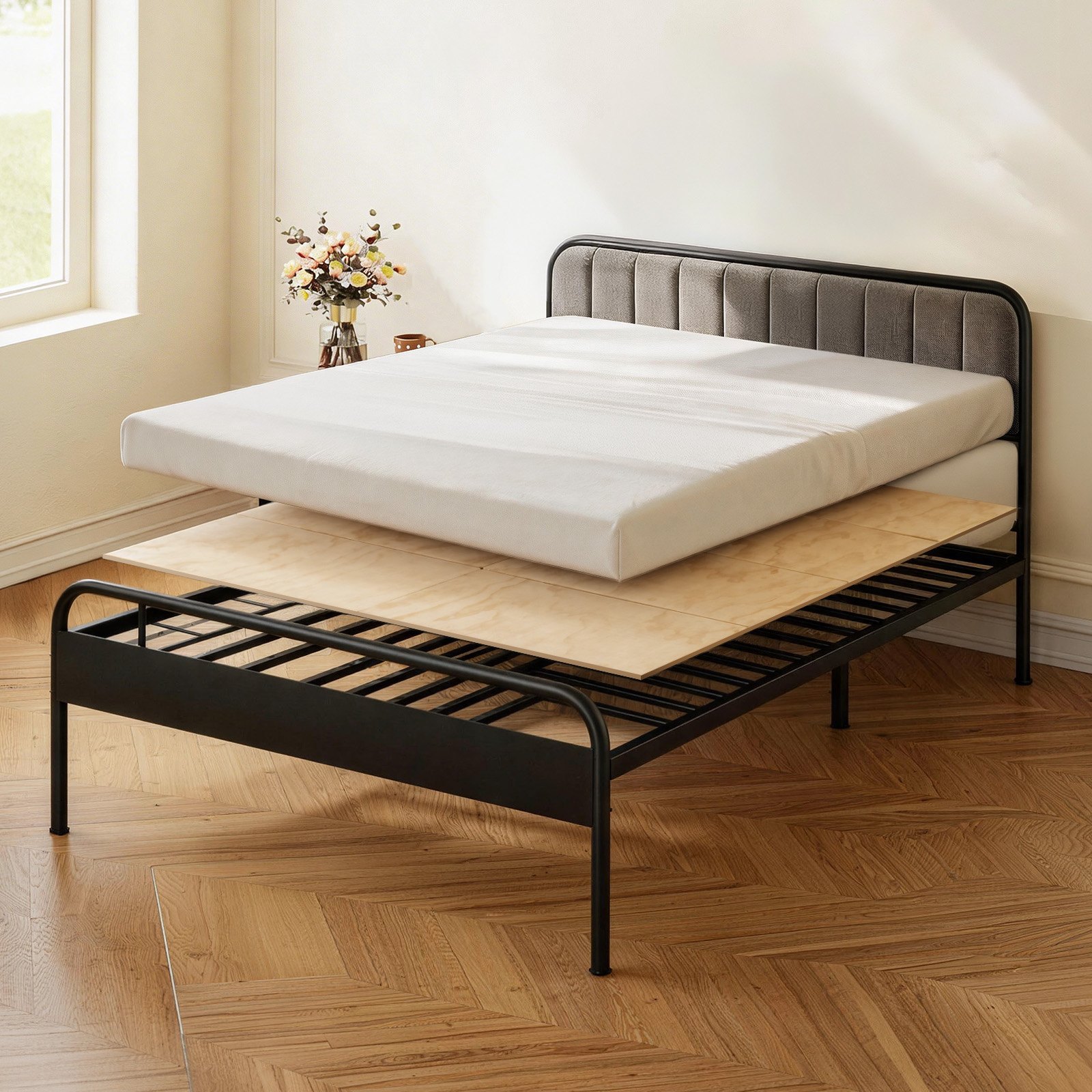 VEVOR Tabla de Cama Plegable, Tamaño de 195 x 178 cm, Soporte para Colchón, con Cintas de Nailon, Material de Madera Contrachapada, Protección de Bordes Redondeados, Somier Plegable para Camas Sofás