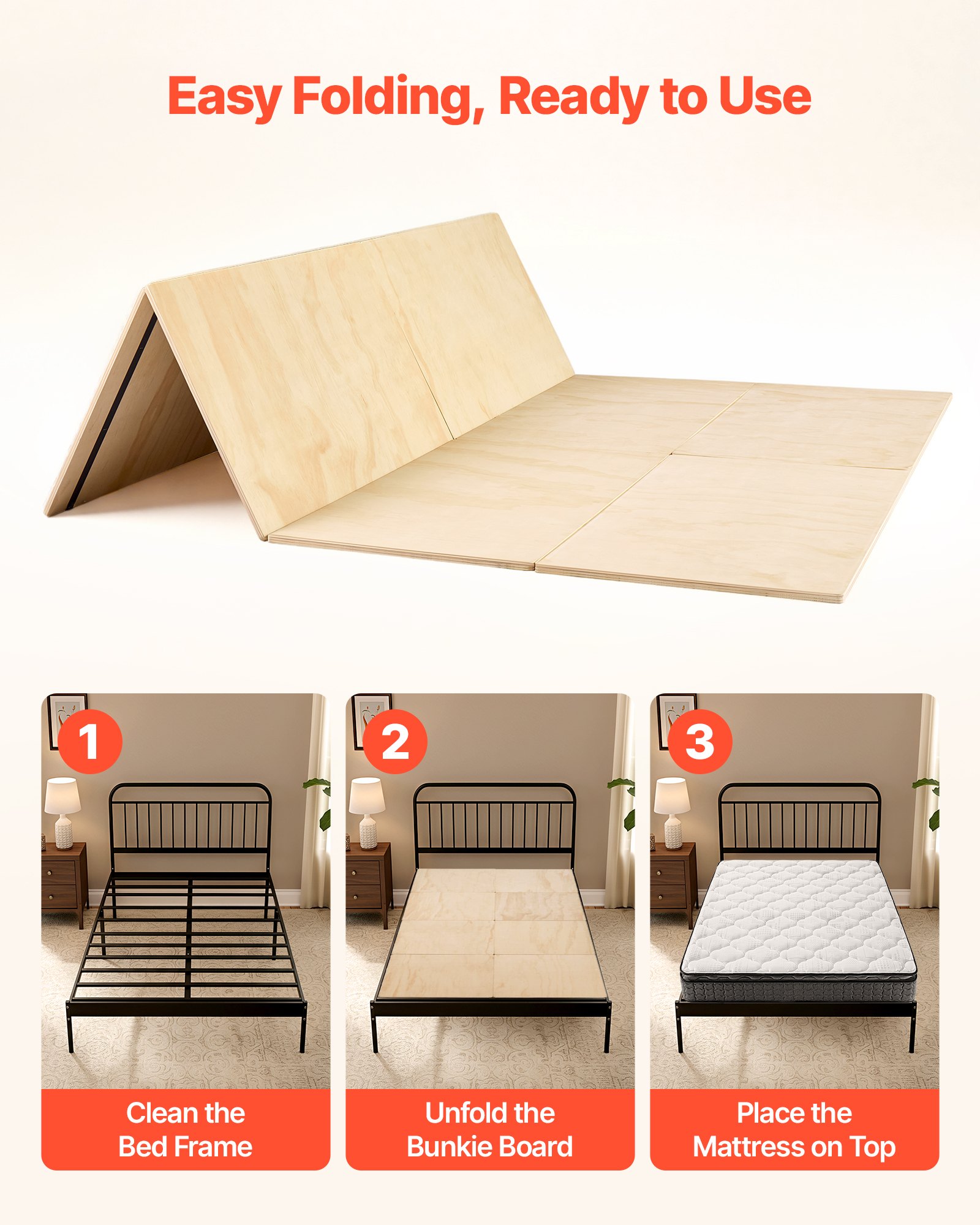 VEVOR Tabla de Cama Plegable, Tamaño 195 x 148 cm, Soporte para Colchón, Tabla de Bunkie de Madera Contrachapada, Bordes Redondeados, con Cintas de Nailon, Somier Plegable para Camas de Todo Tipo Sofá