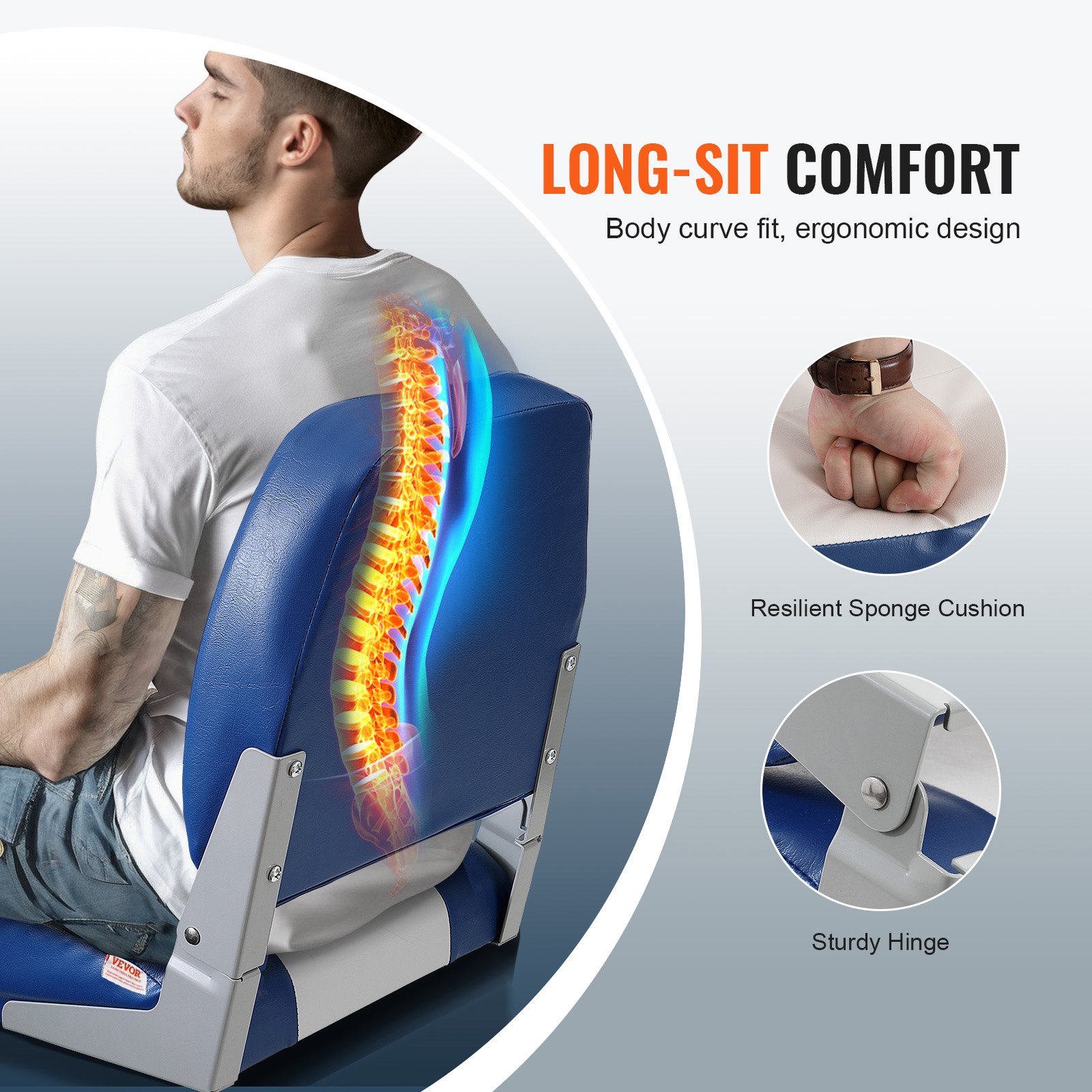 VEVOR Boat Seat 48 cm Boat Chair with Low Backrest, Folding Boat Chair with Thickened Sponge Padding and Hinge, Foldable Boat Captain's Chair for Fishing Boat, Excursion Boat