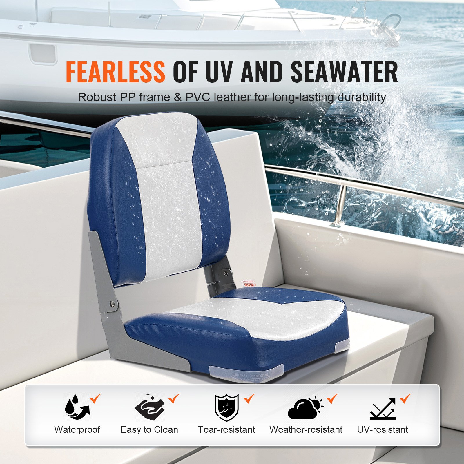 VEVOR Boat Seat 48 cm Boat Chair with Low Backrest, Folding Boat Chair with Thickened Sponge Padding and Hinge, Foldable Boat Captain's Chair for Fishing Boat, Excursion Boat