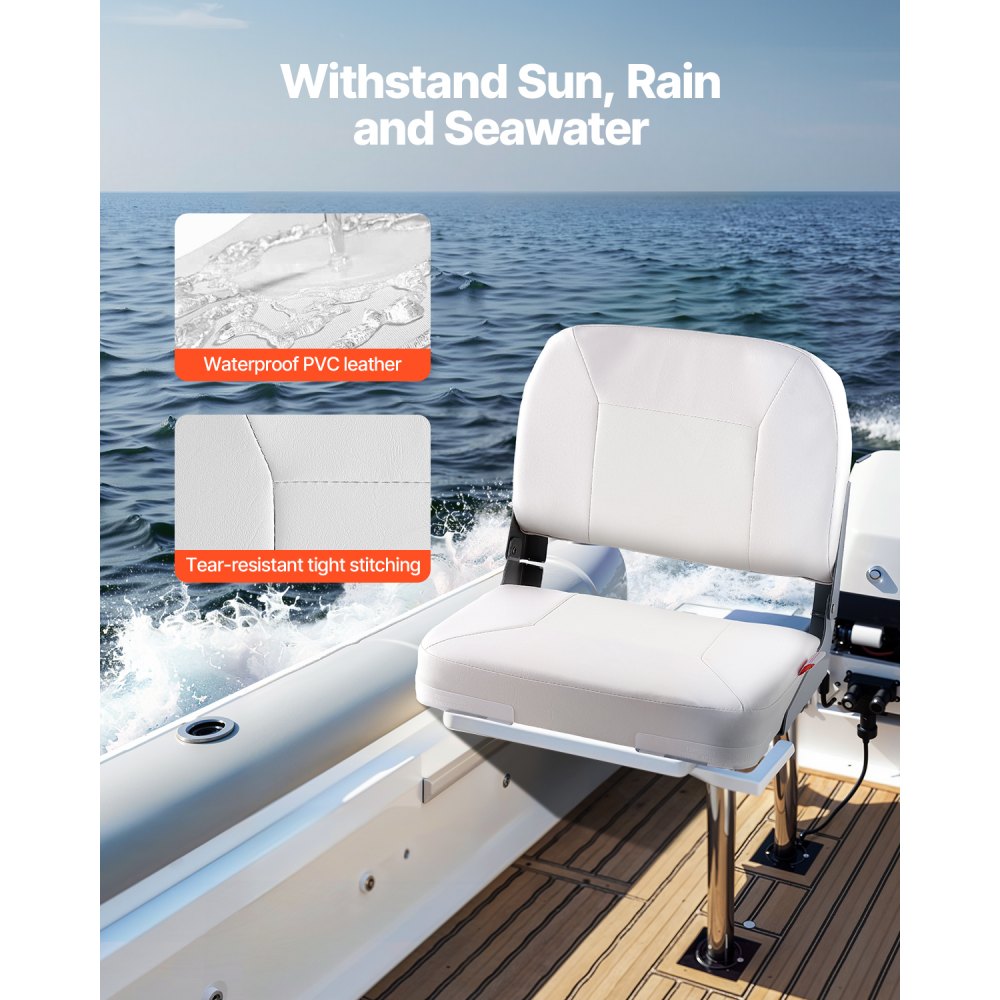 VEVOR Asiento de Barco con Respaldo Bajo Silla de Barco de Pesca Plegable con Cojín de Esponja Espesado y Cuero de PVC Impermeable Asiento de Bote Abatible para Barcos de Pesca, Yates, Blanco