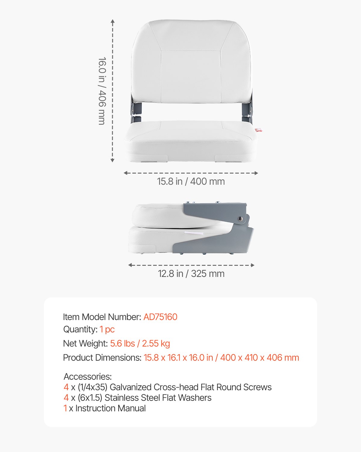 VEVOR Asiento de Barco con Respaldo Bajo Silla de Barco de Pesca Plegable con Cojín de Esponja Espesado y Cuero de PVC Impermeable Asiento de Bote Abatible para Barcos de Pesca, Yates, Blanco