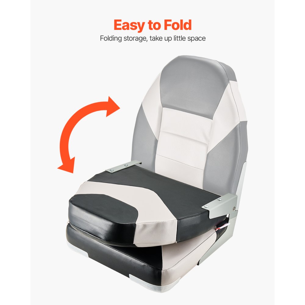 VEVOR Asiento de Barco con Respaldo Alto 2 Piezas Silla de Barco de Pesca Plegable con Cojín de Esponja Espesa y Cuero de PVC Impermeable Asiento de Bote Abatible para Barcos, Yates, Negro y Gris
