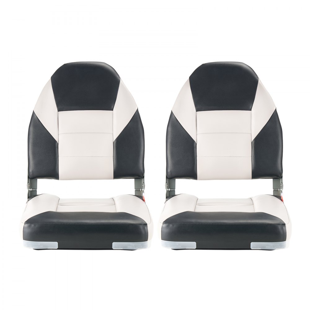 VEVOR Asiento de Barco con Respaldo Alto 2 Piezas Silla de Barco de Pesca Plegable con Cojín de Esponja Espesa y Cuero de PVC Impermeable Asiento de Bote Abatible para Barcos, Yates, Negro y Gris