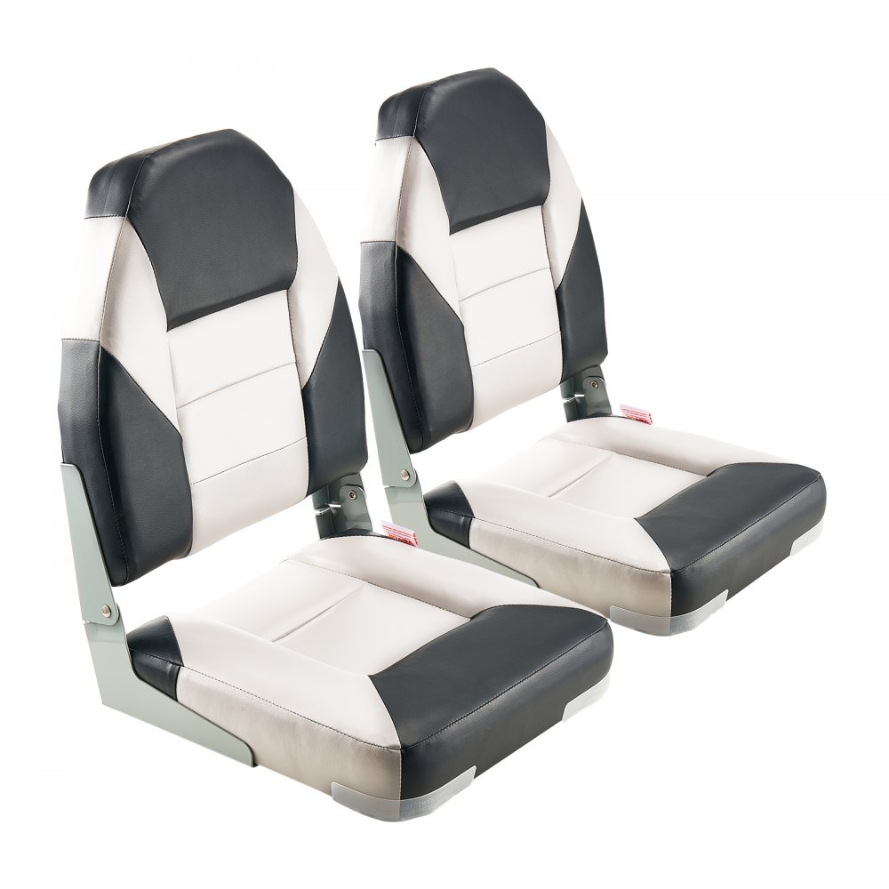 VEVOR Asiento de Barco con Respaldo Alto 2 Piezas Silla de Barco de Pesca Plegable con Cojín de Esponja Espesa y Cuero de PVC Impermeable Asiento de Bote Abatible para Barcos, Yates, Negro y Gris
