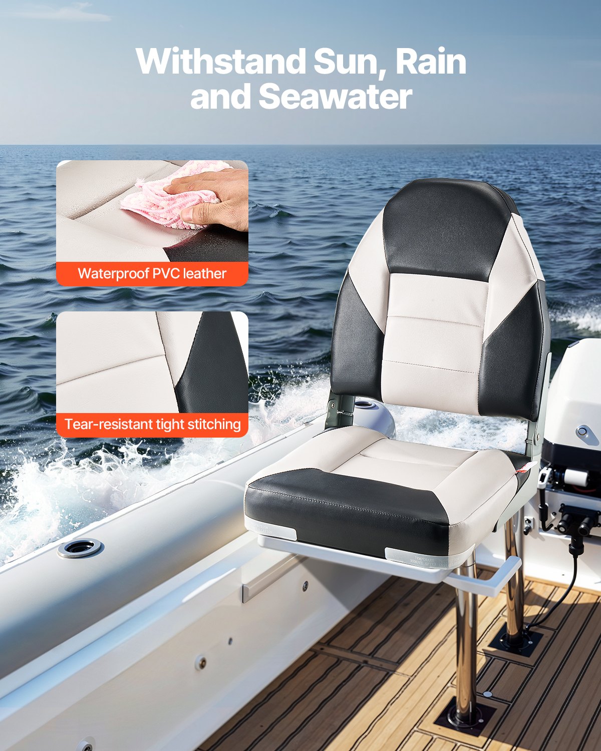 VEVOR Asiento de Barco con Respaldo Alto 2 Piezas Silla de Barco de Pesca Plegable con Cojín de Esponja Espesa y Cuero de PVC Impermeable Asiento de Bote Abatible para Barcos, Yates, Negro y Gris