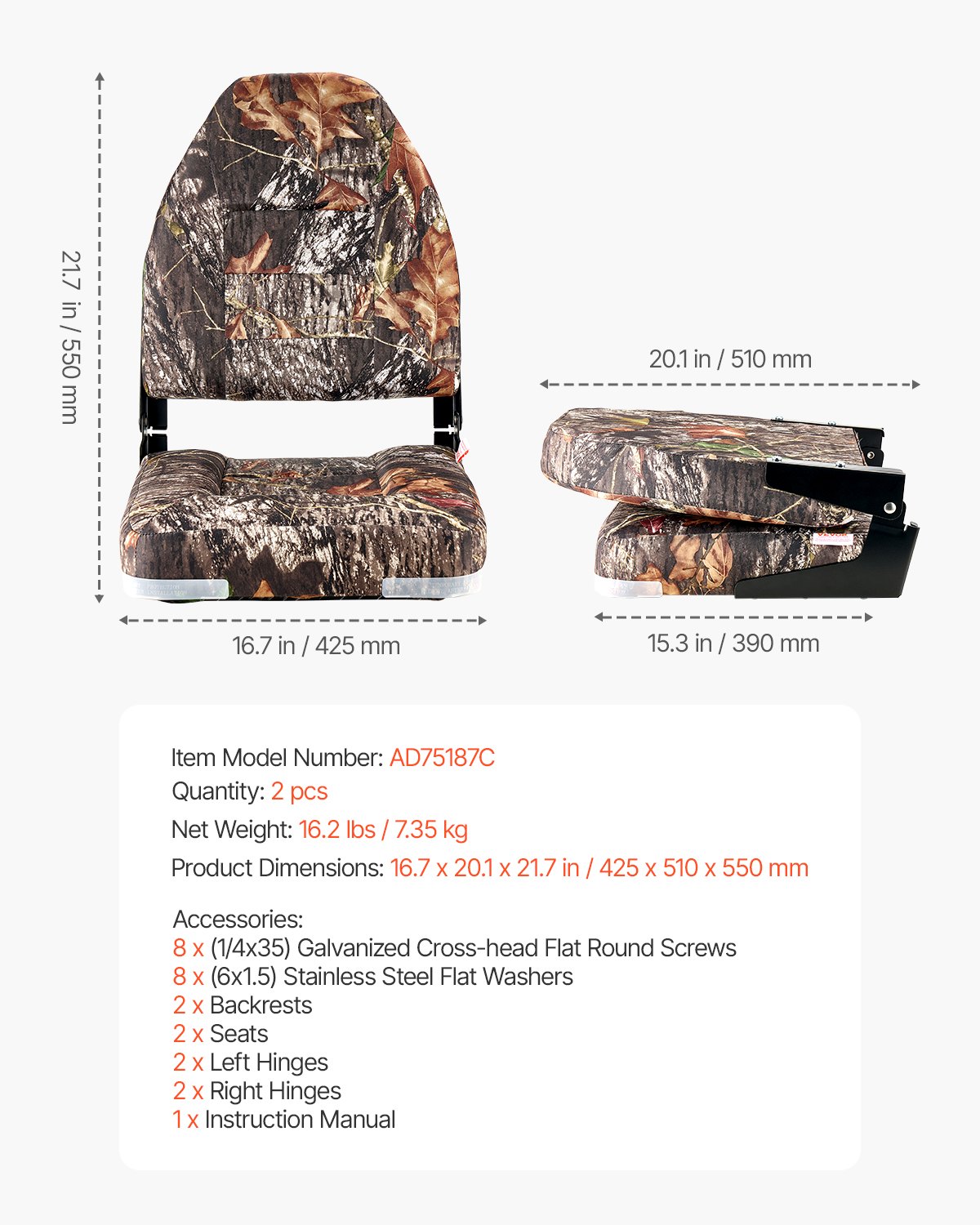 VEVOR 2 pcs. Boat Seat, Boat Chair with High Backrest, Foldable Fishing Boat Seat with Thick Sponge Cushion & PU Leather, Aluminum Alloy Hinges, for Boats, Yachts, Ships, Camouflage