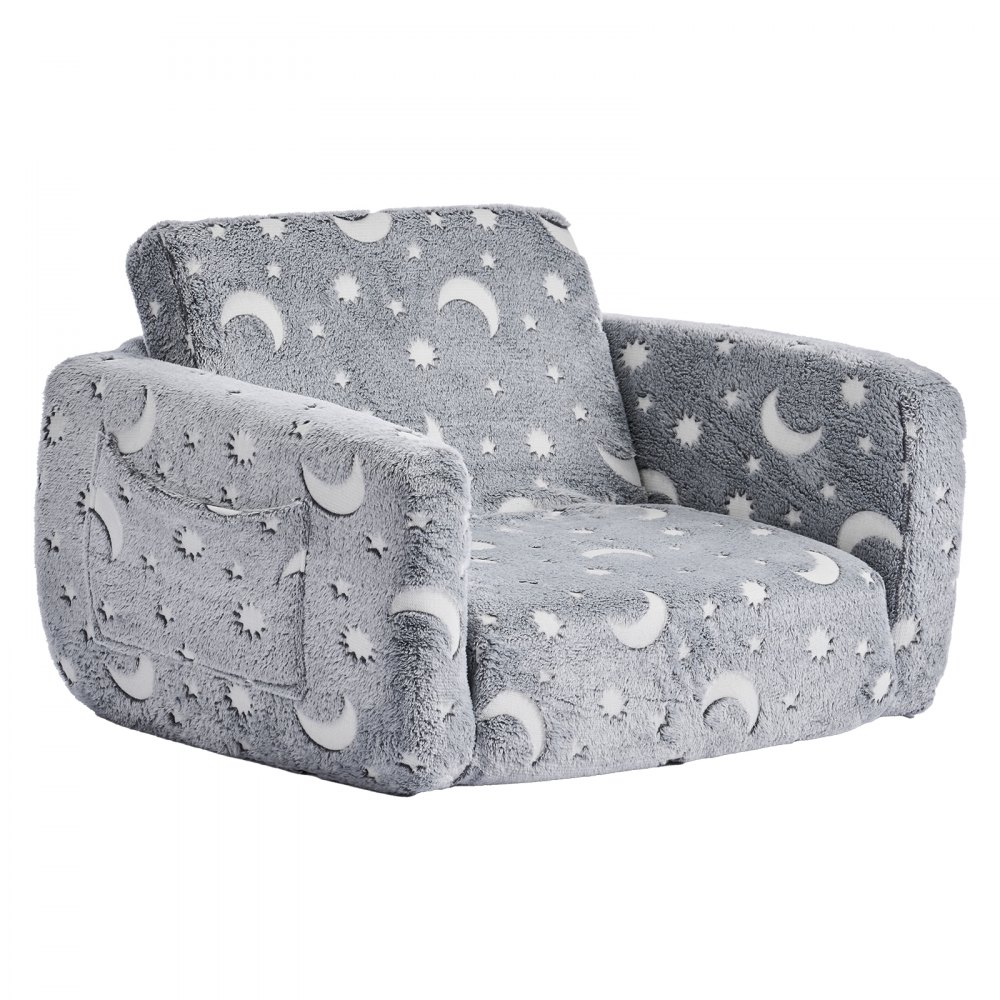 VEVOR Sofá Infantil 2 en 1 con Reposabrazos, Convertible en Tumbona, Sofá Cama Plegable y Suave de Esponja 28D y Franela con Estampado que Brilla en la Oscuridad para Leer y Jugar, Talla M, Gris
