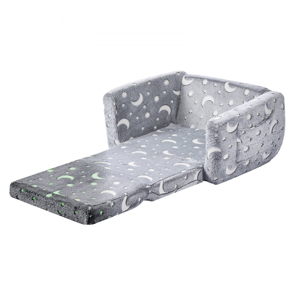 VEVOR Sofá Infantil 2 en 1 con Reposabrazos, Convertible en Tumbona, Sofá Cama Plegable y Suave de Esponja 28D y Franela con Estampado que Brilla en la Oscuridad para Leer y Jugar, Talla M, Gris