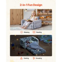 VEVOR Sofá Infantil 2 en 1 con Reposabrazos, Convertible en Tumbona, Sofá Cama Plegable y Suave de Esponja 28D y Franela con Estampado que Brilla en la Oscuridad para Leer y Jugar, Talla M, Gris