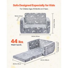 VEVOR Sofá Infantil 2 en 1 con Reposabrazos, Convertible en Tumbona, Sofá Cama Plegable y Suave de Esponja 28D y Franela con Estampado que Brilla en la Oscuridad para Leer y Jugar, Talla M, Gris