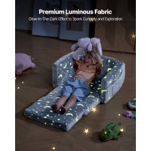 VEVOR Sofá Infantil 2 en 1 con Reposabrazos, Convertible en Tumbona, Sofá Cama Plegable y Suave de Esponja 28D y Franela con Estampado que Brilla en la Oscuridad para Leer y Jugar, Talla M, Gris
