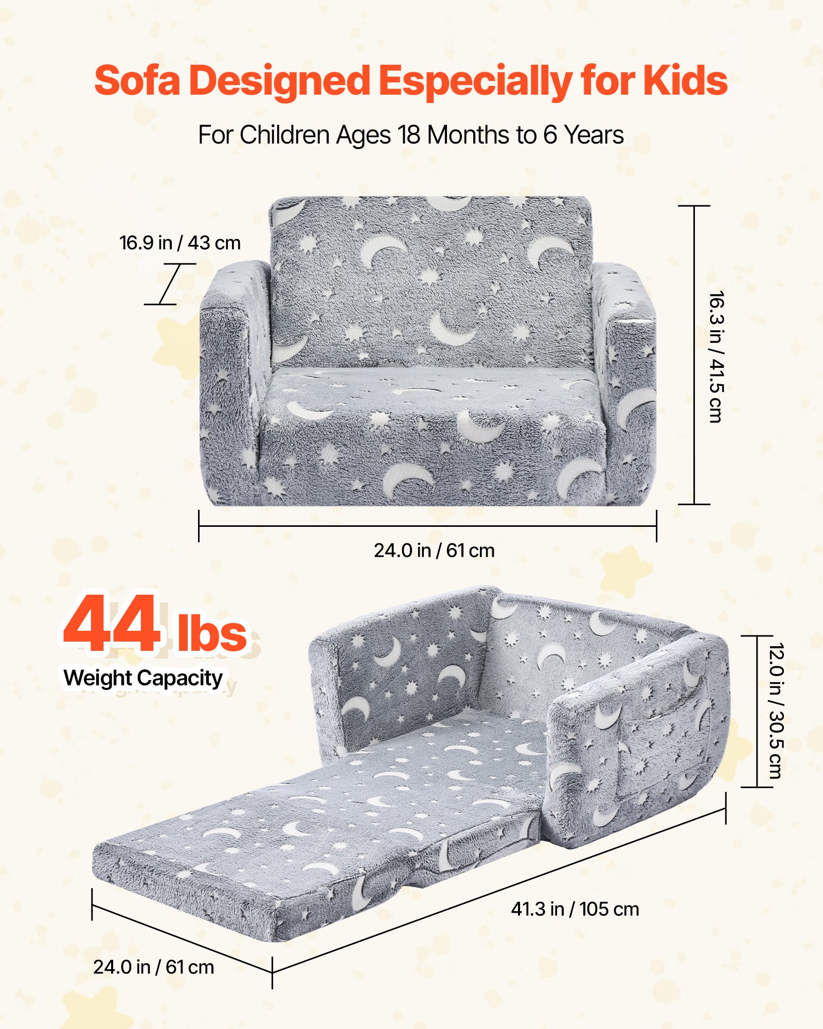 VEVOR Sofá Infantil 2 en 1 con Reposabrazos, Convertible en Tumbona, Sofá Cama Plegable y Suave de Esponja 28D y Franela con Estampado que Brilla en la Oscuridad para Leer y Jugar, Talla M, Gris