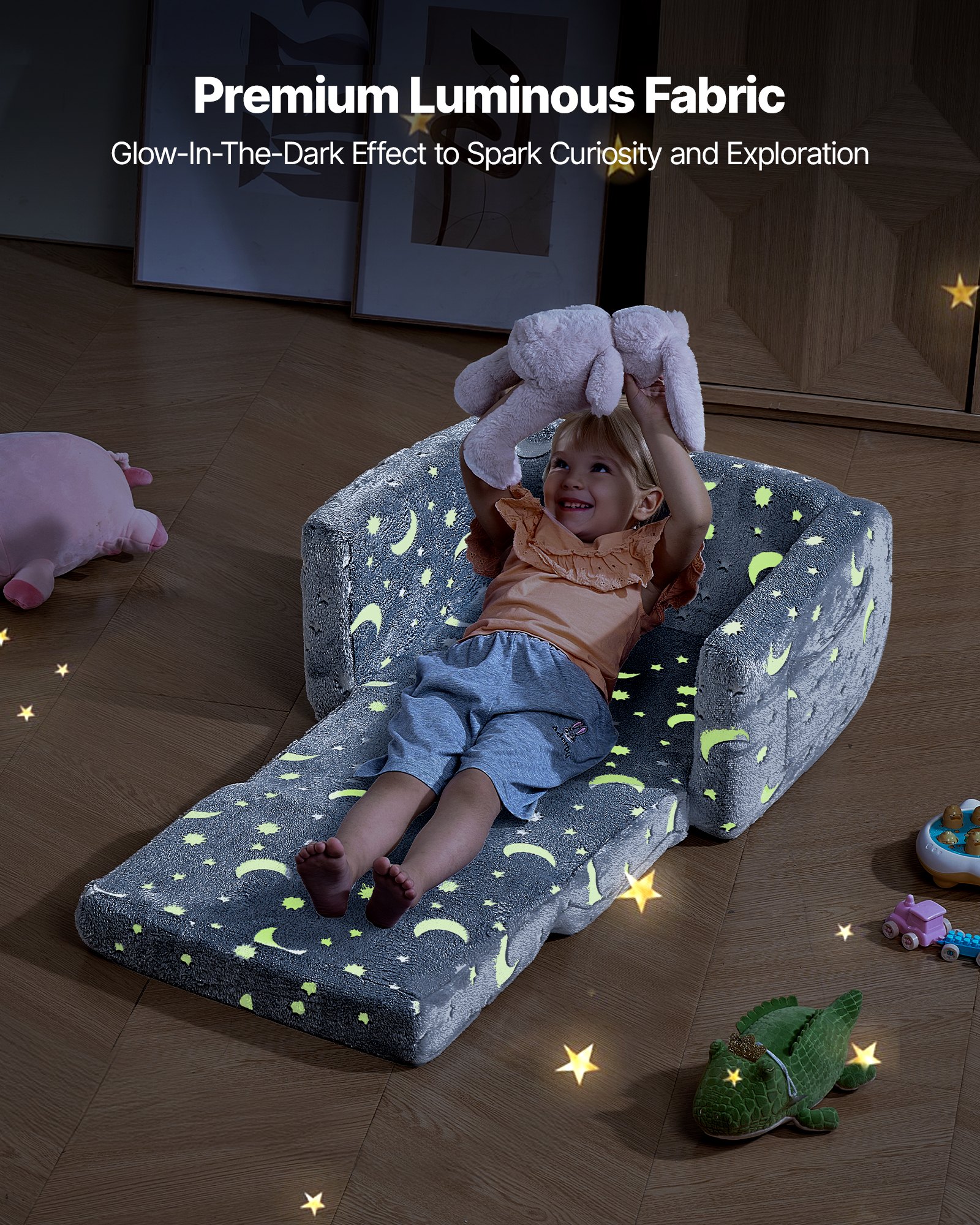 VEVOR Sofá Infantil 2 en 1 con Reposabrazos, Convertible en Tumbona, Sofá Cama Plegable y Suave de Esponja 28D y Franela con Estampado que Brilla en la Oscuridad para Leer y Jugar, Talla M, Gris