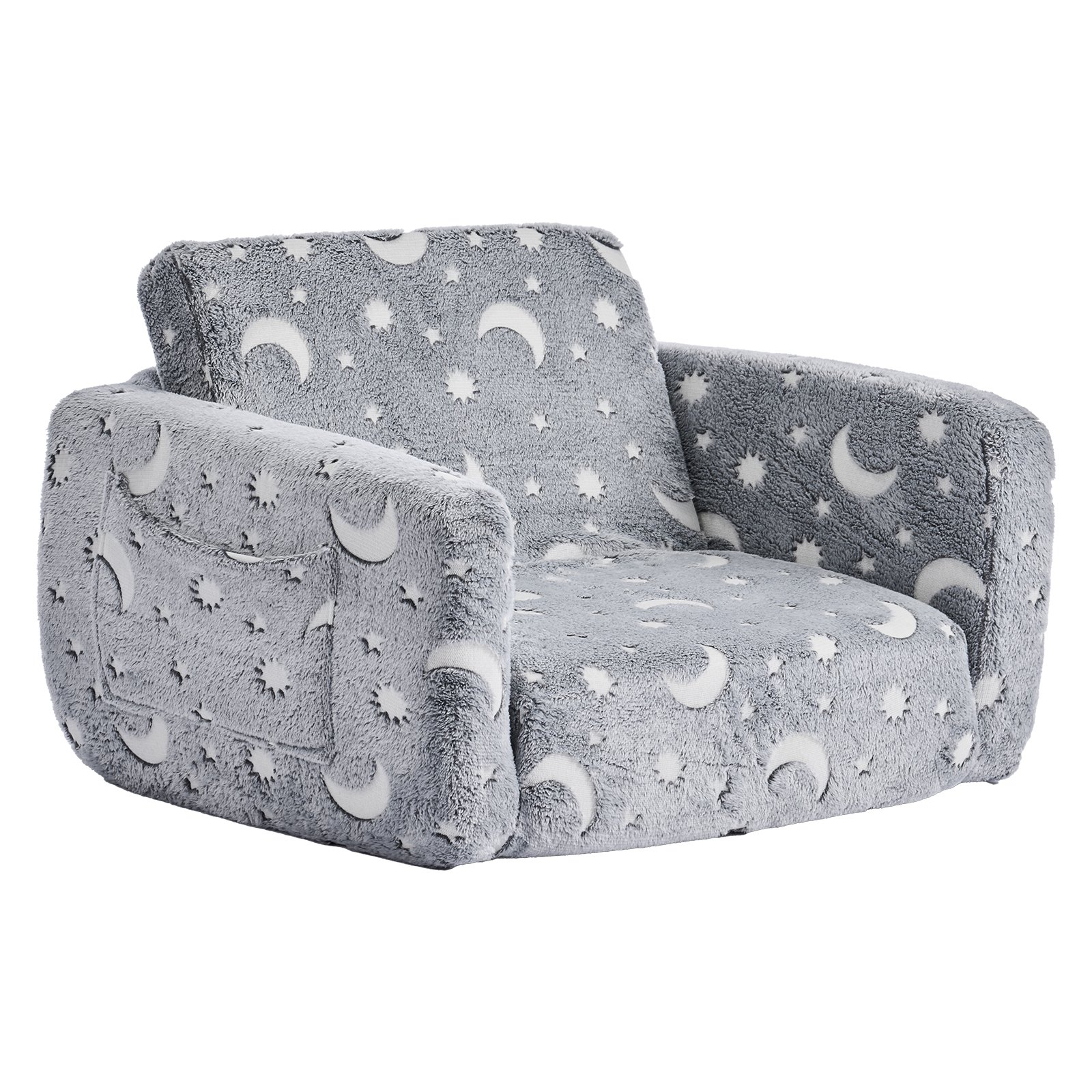 VEVOR Sofá Infantil 2 en 1 con Reposabrazos, Convertible en Tumbona, Sofá Cama Plegable y Suave de Esponja 28D y Franela con Estampado que Brilla en la Oscuridad para Leer y Jugar, Talla M, Gris