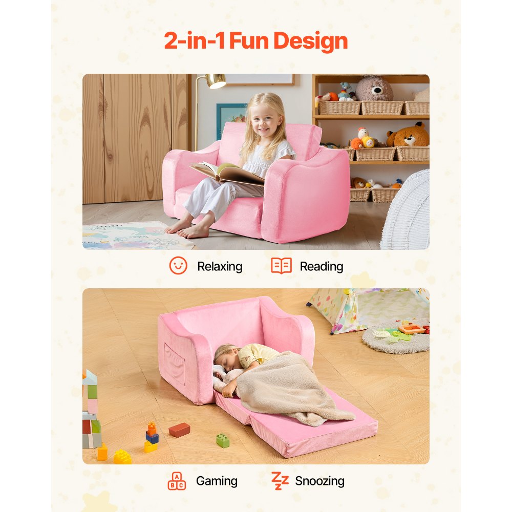 VEVOR Sofá Infantil 2 en 1, Convertible en Tumbona, Sofá Cama Plegable y Suave de Esponja 28D y Pelo Corto con Reposabrazos, Ideal para Jugar o Descansar Cómodamente para Niños, Talla M, Rosa