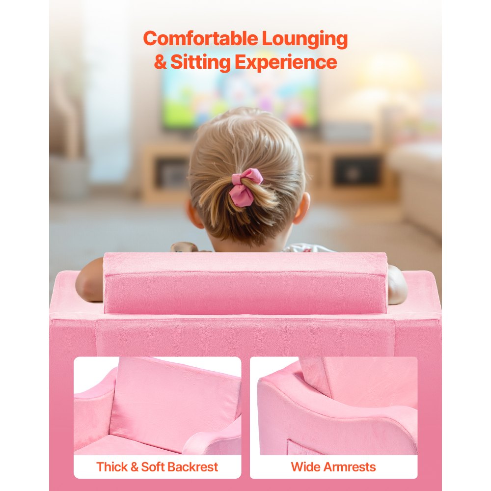 VEVOR Sofá Infantil 2 en 1, Convertible en Tumbona, Sofá Cama Plegable y Suave de Esponja 28D y Pelo Corto con Reposabrazos, Ideal para Jugar o Descansar Cómodamente para Niños, Talla M, Rosa