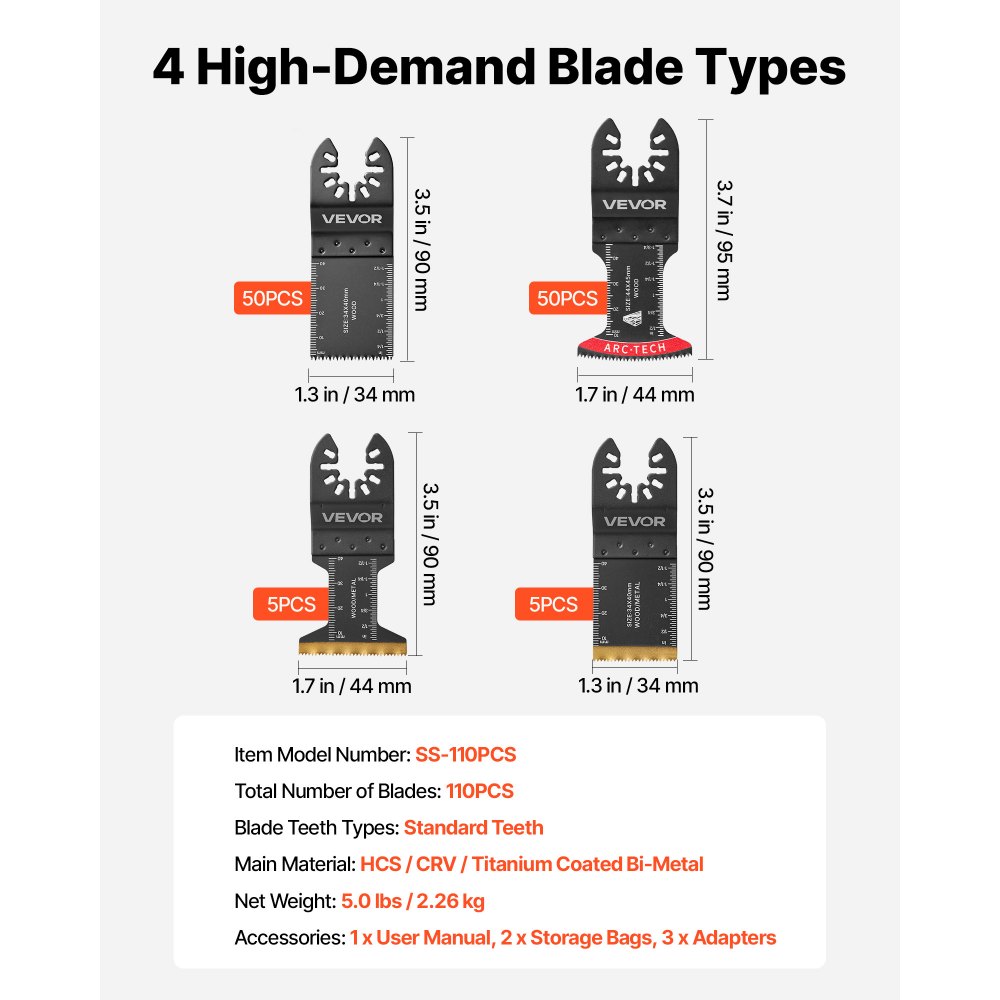 VEVOR Kit de 110 Hojas de Sierra Oscilante, Hojas para Herramienta Oscilante 4 Tipos HCS CRV y Bimetálicas con Titanio para Madera Plástico Metal Compatibles con Dewalt Ryobi Milwaukee Bosch Craftsman