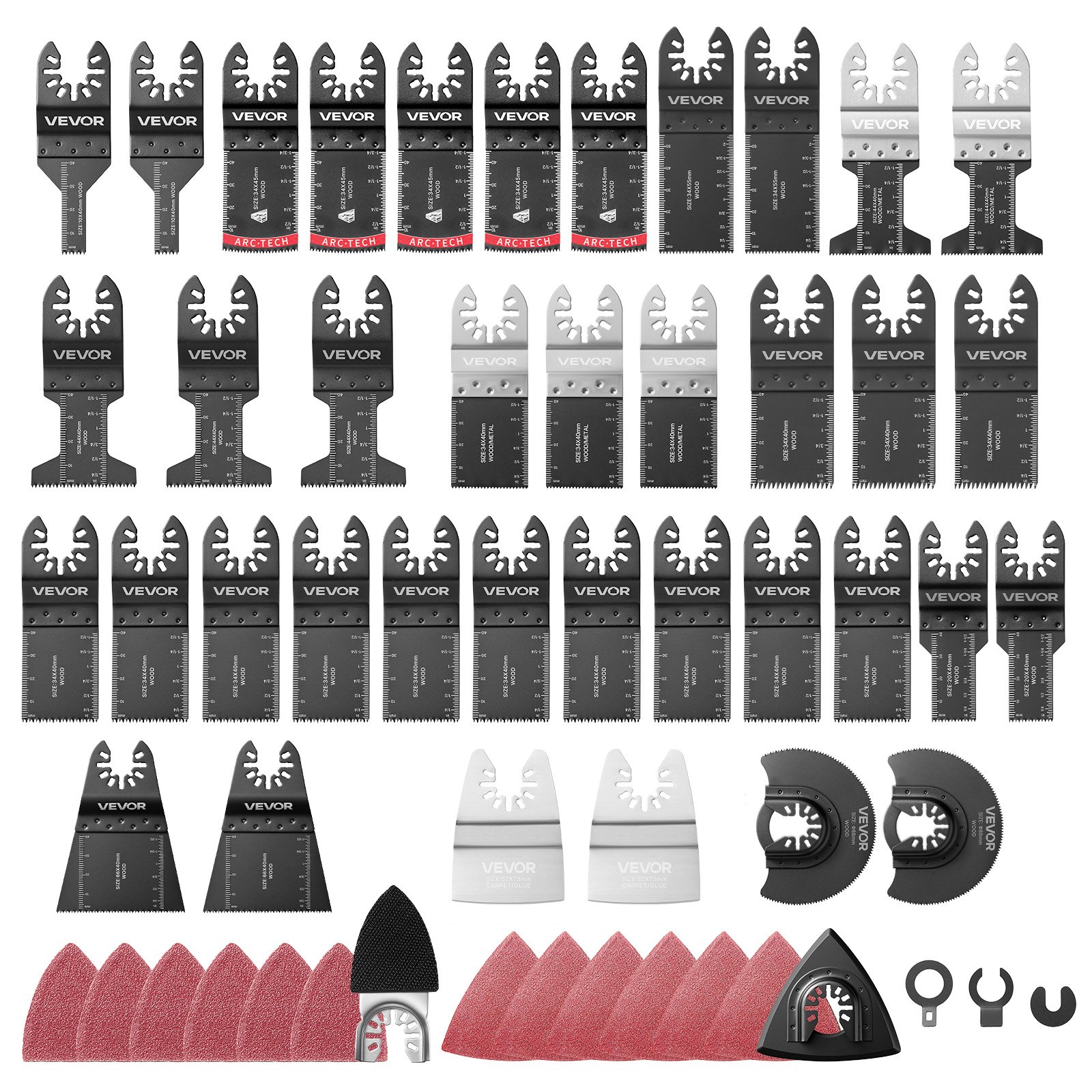 VEVOR Kit de Hojas de Sierra Oscilante, 36 Piezas de Hojas Multiherramienta Universal con 2 Raspadores, 2 Almohadillas de Lijado y 120 Papeles de Lija, 11 Tipos de Cuchillas para Madera Metal Plástico