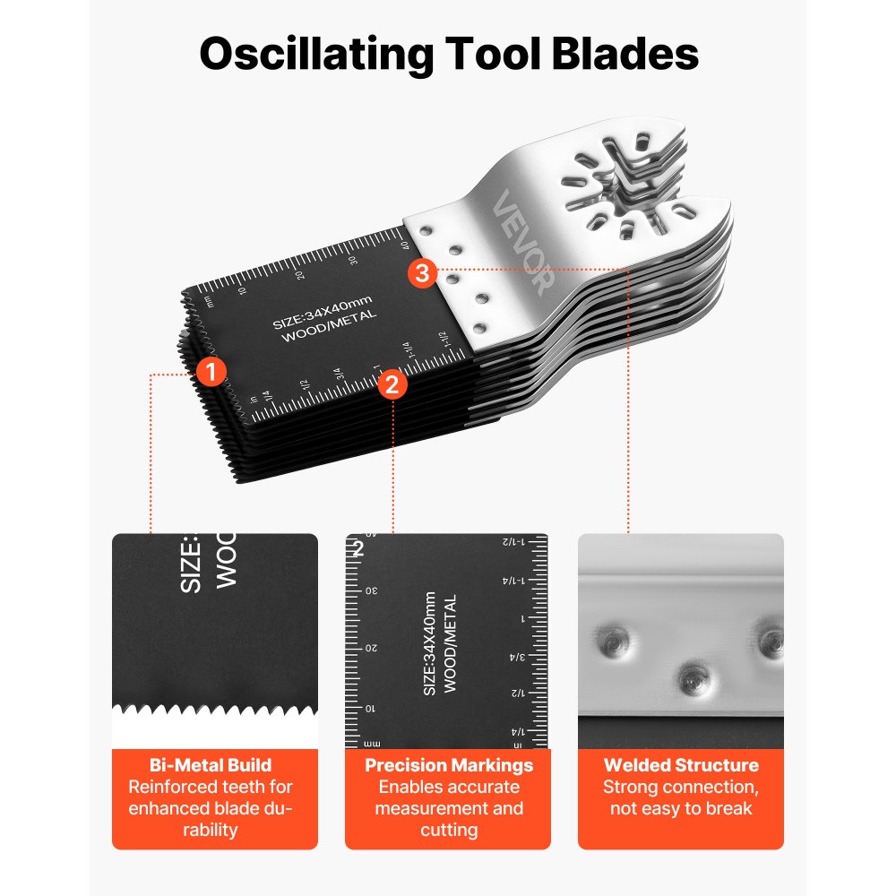 VEVOR Kit de 50 Hojas de Sierra Oscilante Bimetálicas, Hojas para Herramienta Oscilante Universal para Clavos Madera Plástico y Metal con Adaptadores, Compatibles con Bosch Fein DeWalt Craftsman Ryobi