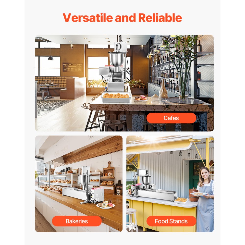 VEVOR Máquina Automática para Hacer Donas, Equipo para Hacer Donas de Una Sola Fila, Alta Potencia de 90 Piezas/Hora, Acero Inoxidable, con Moldes de 3 Tamaños y Conteo Automático, 14,5 L, Plata