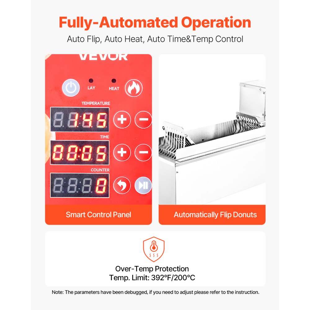 VEVOR Commercial Automatic Donut Machine Maker, Single Row Stainless Steel Production Equipment (90 pcs/h) Electric Donut Fryer with 3 Mold Sizes for Bakeries, Restaurants, and Cafes