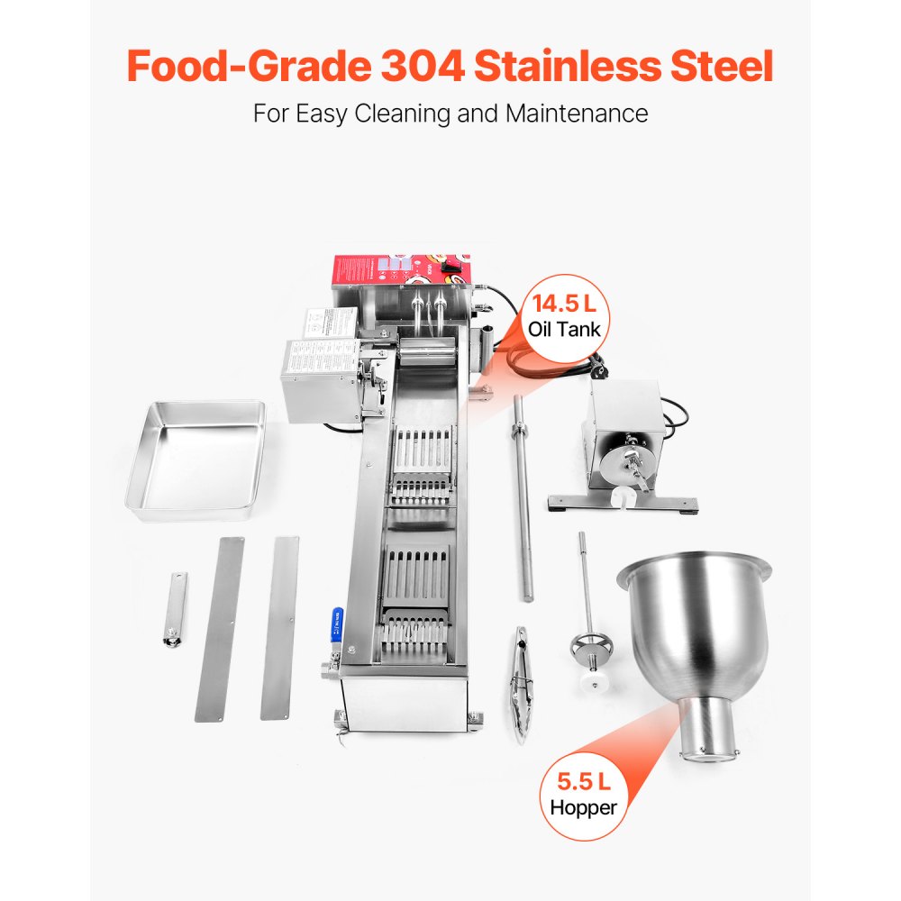 VEVOR Commercial Automatic Donut Machine Maker, Single Row Stainless Steel Production Equipment (90 pcs/h) Electric Donut Fryer with 3 Mold Sizes for Bakeries, Restaurants, and Cafes