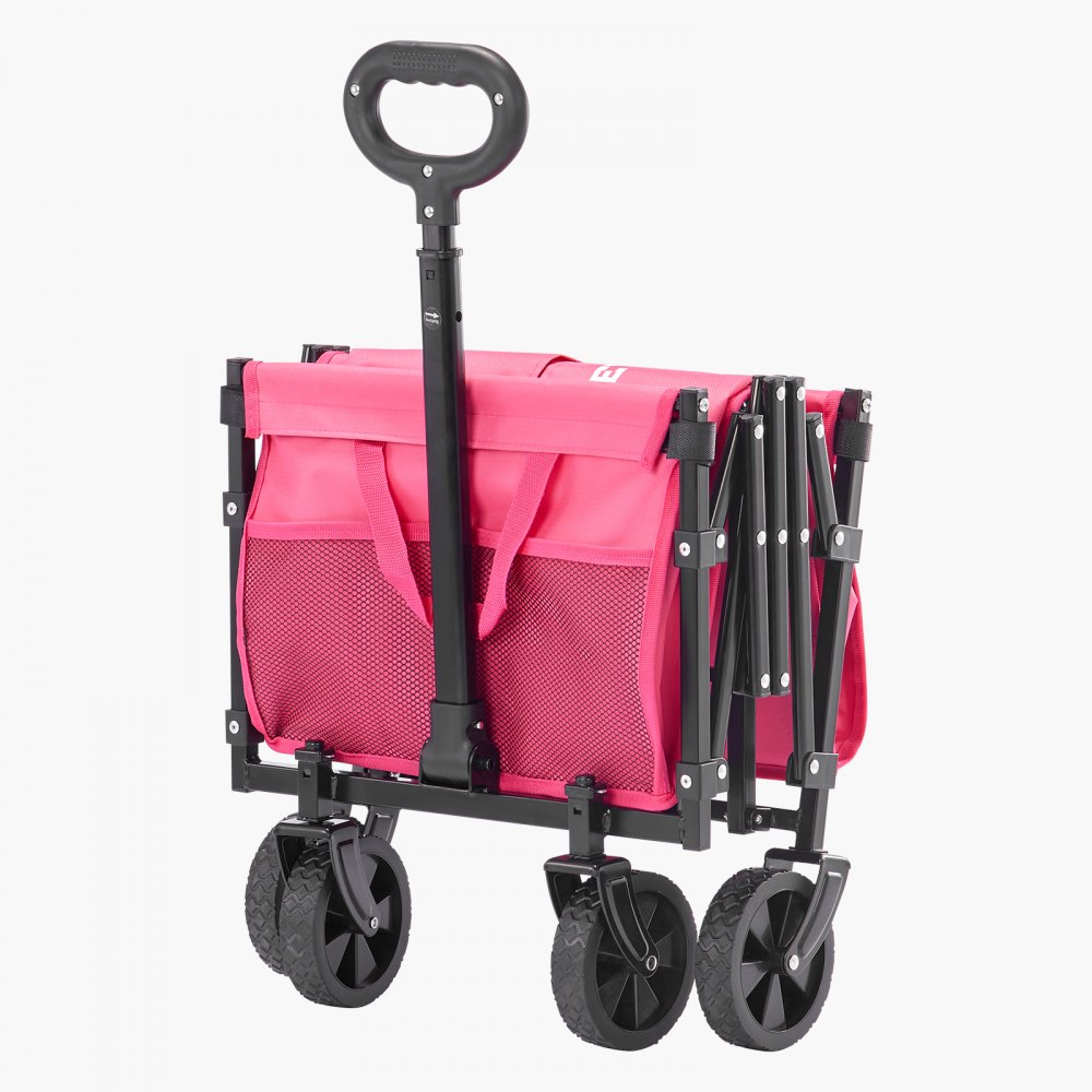VEVOR Folding Wagon, 106.2 kg, Handcart with All-Terrain Wheels, Transport Cart with Adjustable Handle, Camping Cart for Beach, Grocery Store, Garden, Pink & Black, 660x450x460 mm