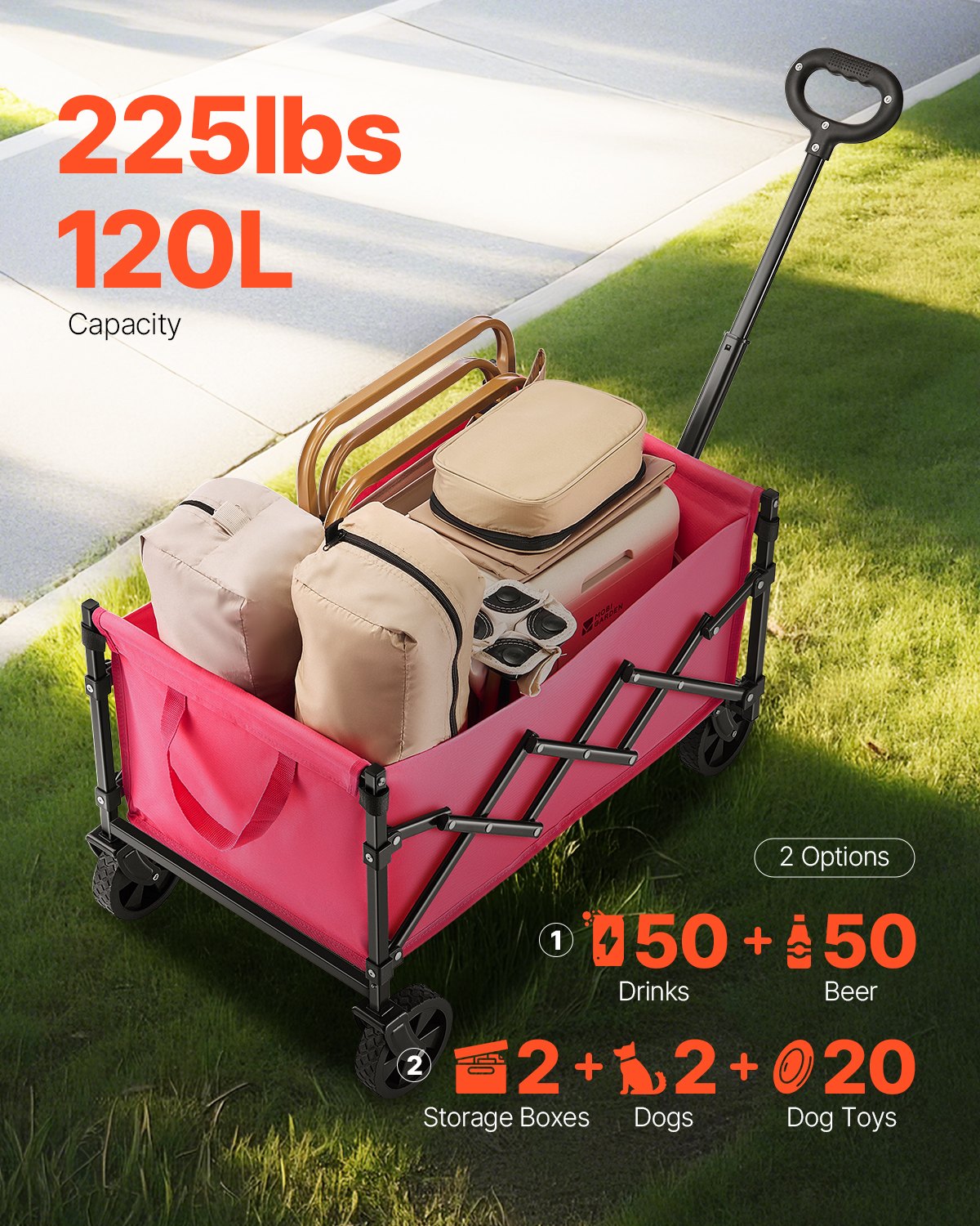 VEVOR Carrito Plegable para Exteriores, Carro de Transporte Plegable de 660 x 450 x 460 mm con Ruedas Todoterreno, Asa Ajustable, Capacidad de Peso de 102,6 kg, para Playa, Jardín, Rosa y Negro