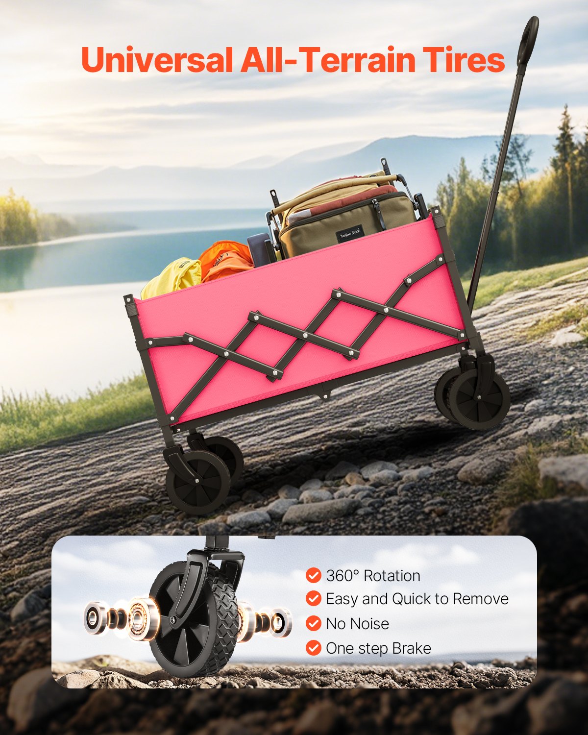 VEVOR Carrito Plegable para Exteriores, Carro de Transporte Plegable de 660 x 450 x 460 mm con Ruedas Todoterreno, Asa Ajustable, Capacidad de Peso de 102,6 kg, para Playa, Jardín, Rosa y Negro