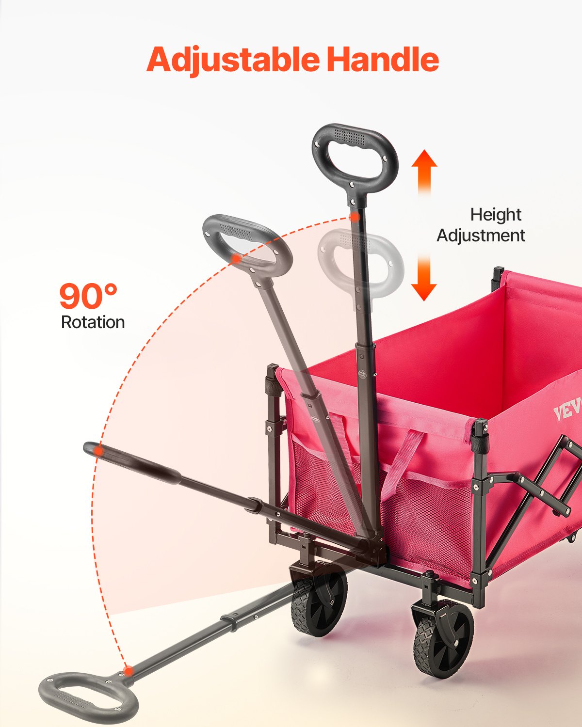 VEVOR Folding Wagon, 106.2 kg, Handcart with All-Terrain Wheels, Transport Cart with Adjustable Handle, Camping Cart for Beach, Grocery Store, Garden, Pink & Black, 660x450x460 mm